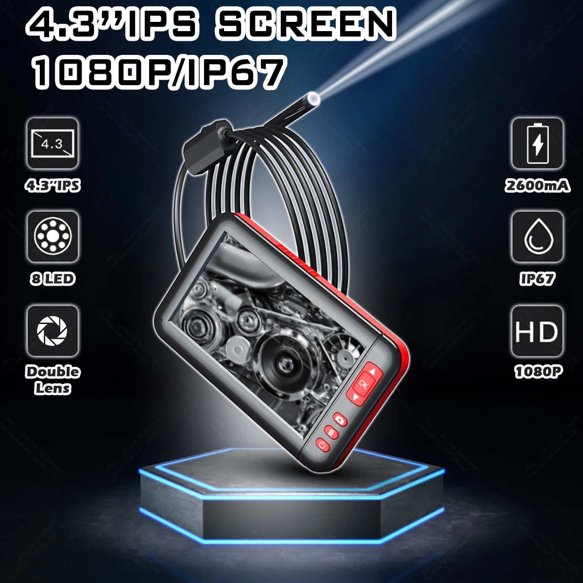 

8mm 4.3in 1080P 2600ma Industrial Automotive Boroscope Stethoscope Controlled Endoscope For Cars Inspection Tools Device Camera