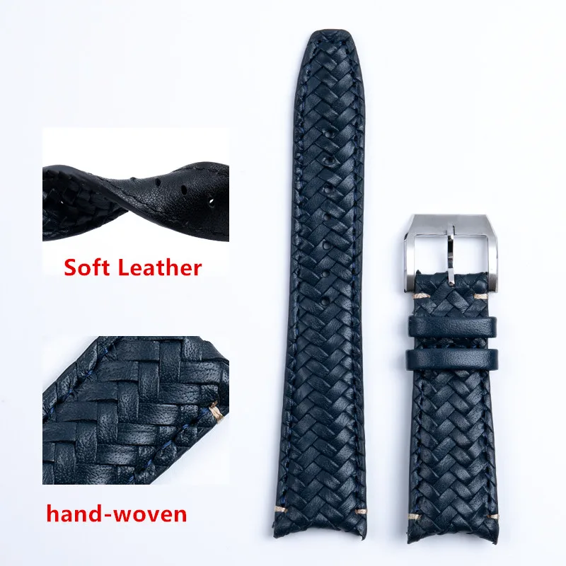 SCHIK 20mm 22mm Cowhide Hand Woven Watchband Fit for IWC Strap Portugieser Pilot Watch Band Curved End Genuine Leather