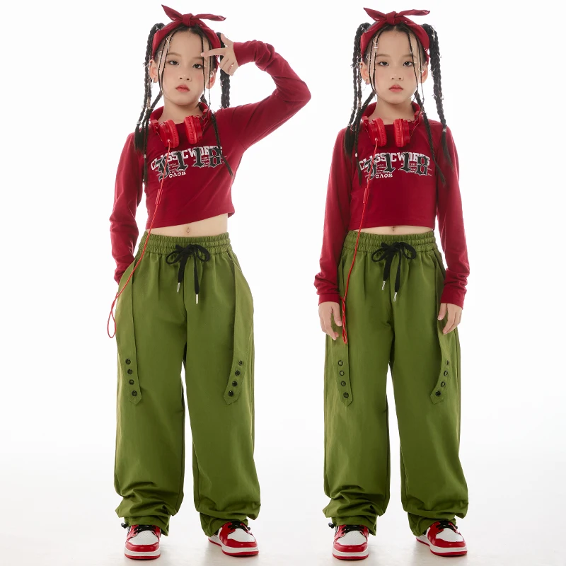 

Ballroom Hip Hop Dance Costumes For Kids Red Shirts Green Loose Pants Streetwear Girls Jazz Dancing Outfits Rave Clothes DN16501