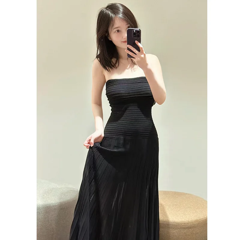 

Spring and Summer New Slim Fit Style Sexy Waist Wrap Bra Straight Knit Dress Women's Wonderful Mid Length Little Black Dress