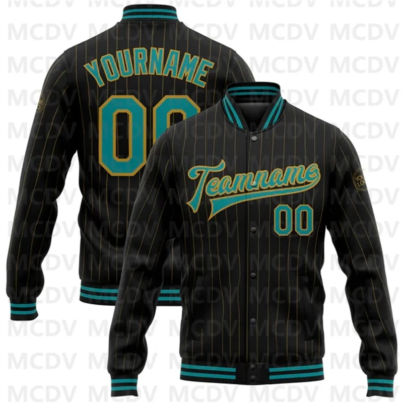 

Custom Black Old Gold Pinstripe Teal Bomber Full-Snap Varsity Letterman Jacket 3d Printed Baseball Button Jacket