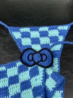 Blue Crochet Swimsuit Checker Bottom String Bikini Set With Blue Bowknot Fashion Swimwear Cute Beachwear Sexy Swimsuit Vacation 4