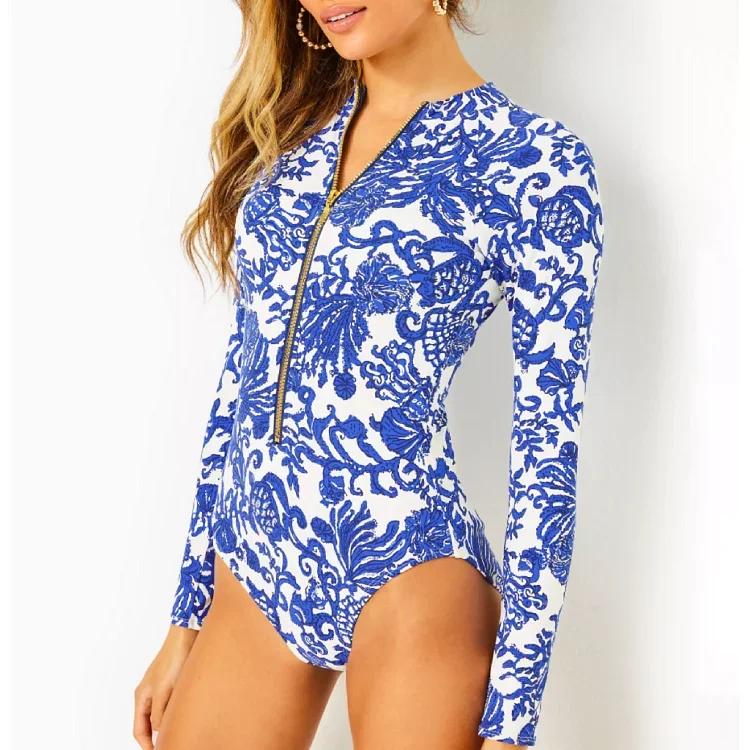 2024 Swimsuit Long Sleeve Zip Blue White One Piece  Swimwear Women  Vacation Beachwear Luxury Bathing Suit Bikini surfing suit