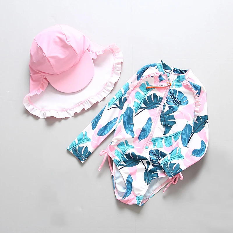 

Sport Beach Print Children Swimwear One Piece Baby Girl Swim Suits Outdoor Sunscreen Swimming Long Sleeve Kids Bathing Clothes