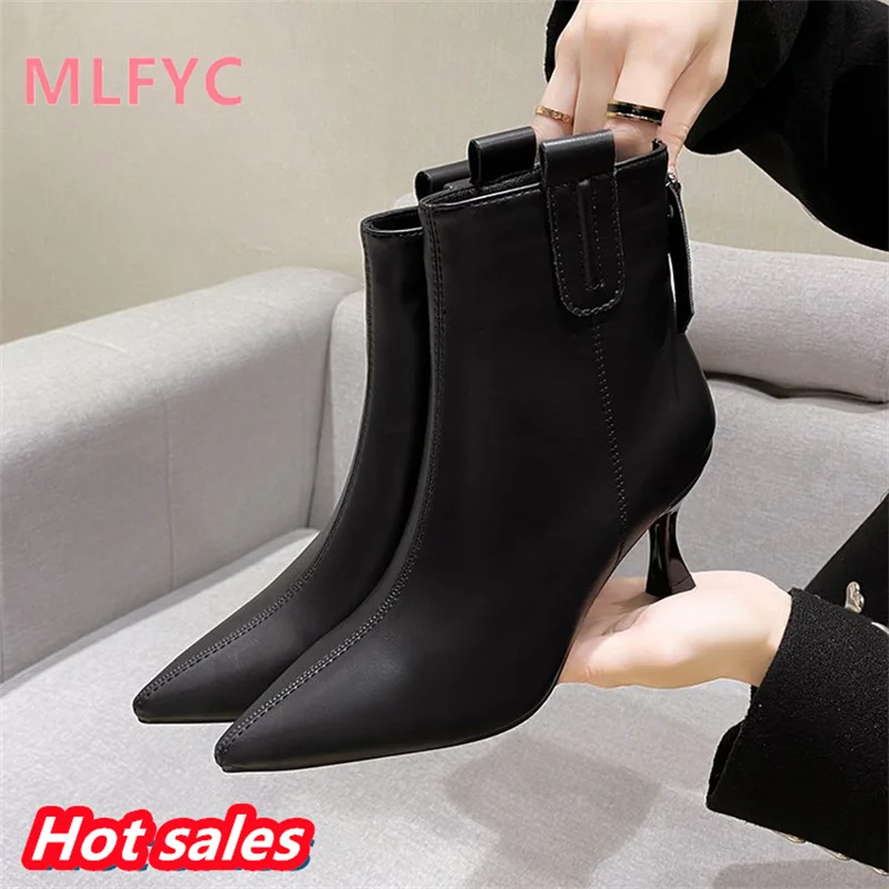 High heeled women wearing autumn and winter style fashion boots, thin heeled pointed short boots, single boot women