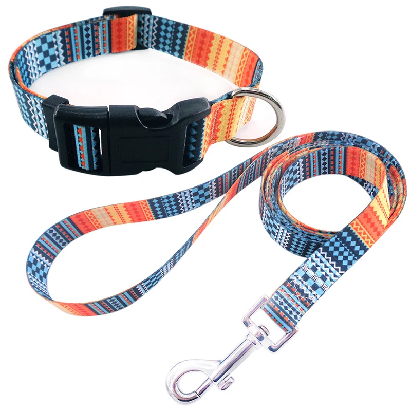 

Bohemian Pet Dog Collar Leash Set Printed Floral Polyester Puppy Collars Walking 120cm Stainless Steel Durable Rope Pet Products