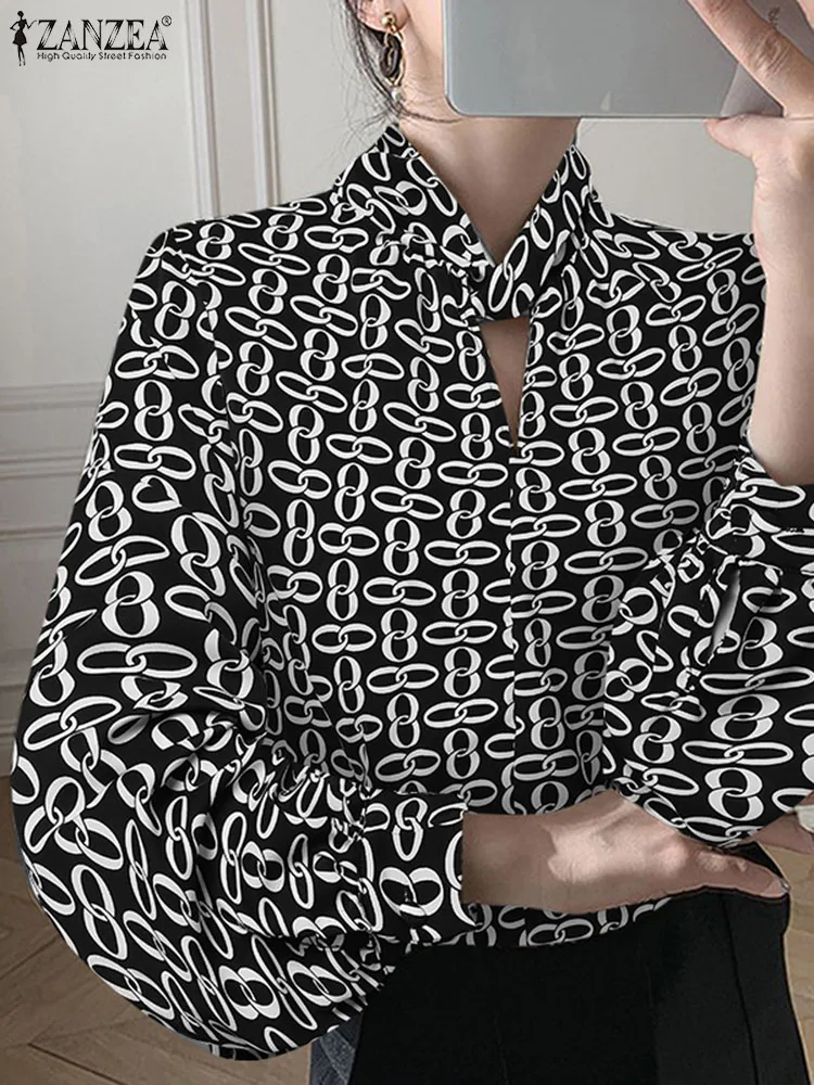 

Модная рубашка ZANZEA с скрученным воротником, Повседневная Блузка в клетку с принтом, элегантные топы с длинным рукавом, осень 2023, Женская Офисная ажурная рубашка