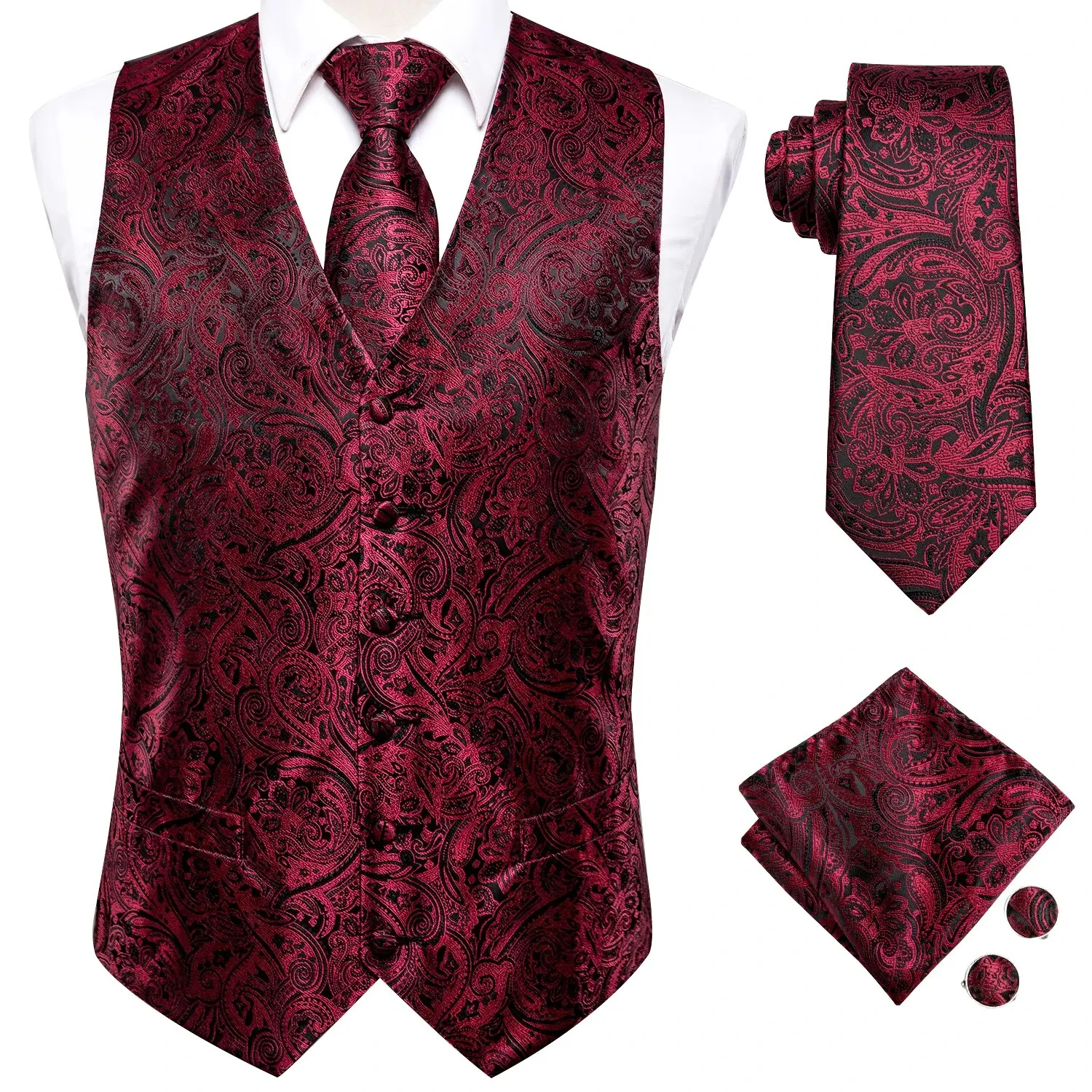 Dress Vests 4PC Silk Men's Vest With Tie Hanky Cufflink Business Formal Dress Slim Sleeveless Jacket Burgundy Paisley Suit Waistcoat