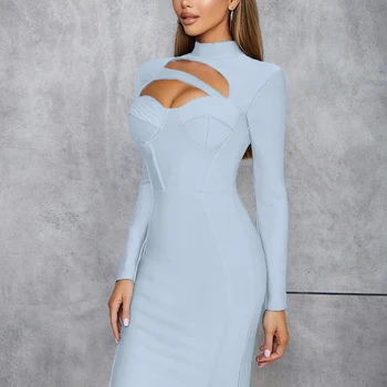 PB Chic And Elegant Woman Dress Hollow Out Long Sleeve Wedding Girl Clothing Birthday Evening Party Bandage Vestido Wholesale