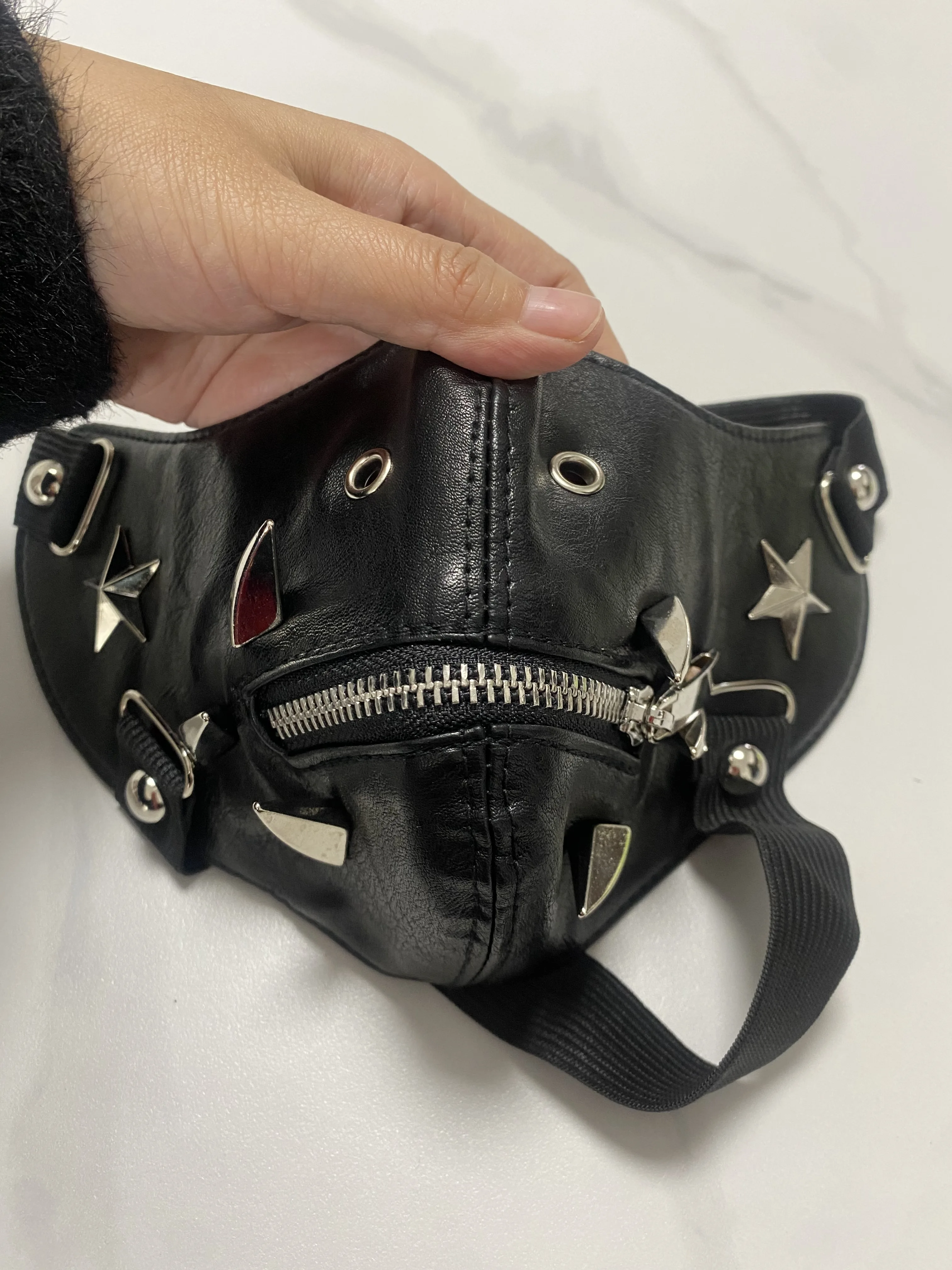 Men Women's Black PU Leather Star Rivet Zipper Rock Mask Lady's Breathable Party Cosplay Halloween Mouth-muffle R1404