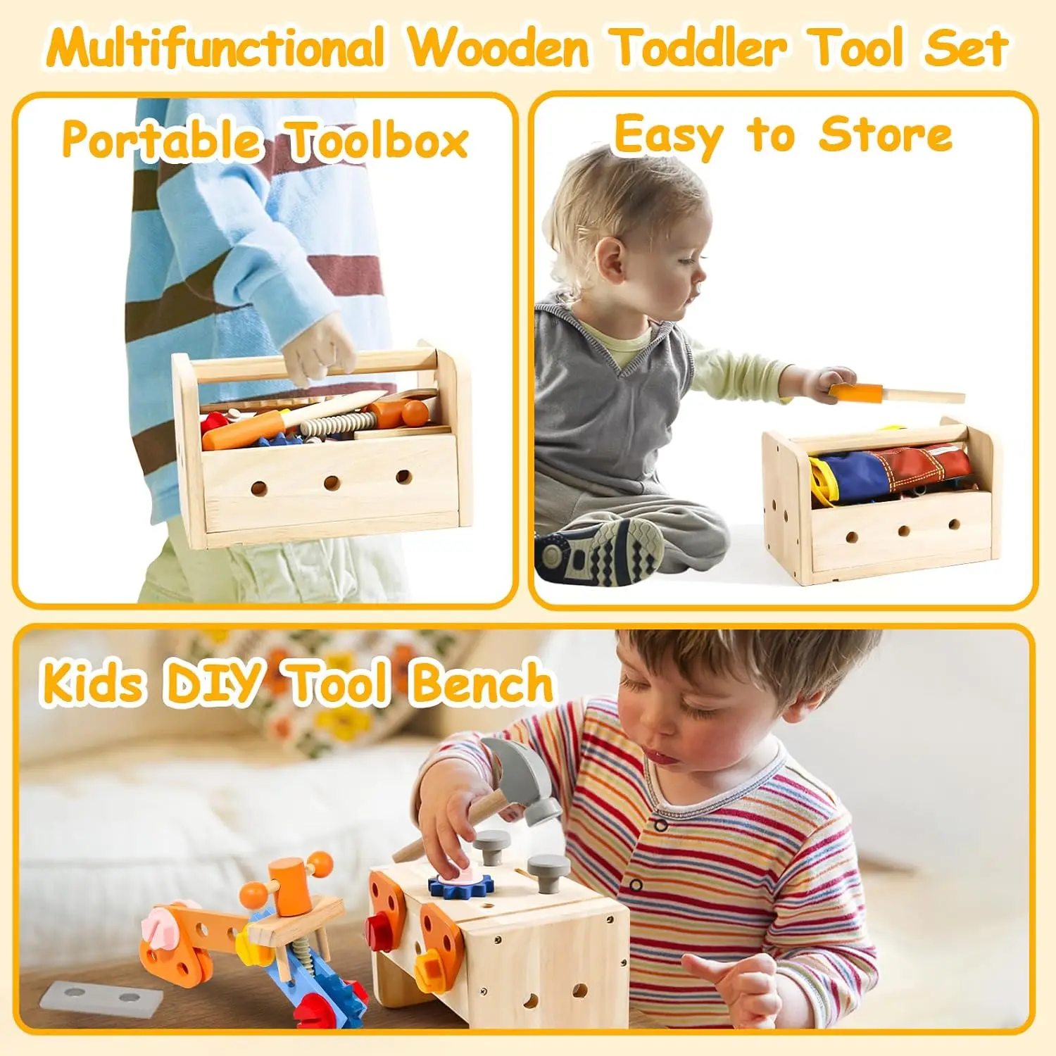 Kids Tool Set Wooden Educational STEM Construction Montessori Toys Role Play Interactive Games for Kid Portable Storage Tool Box 4