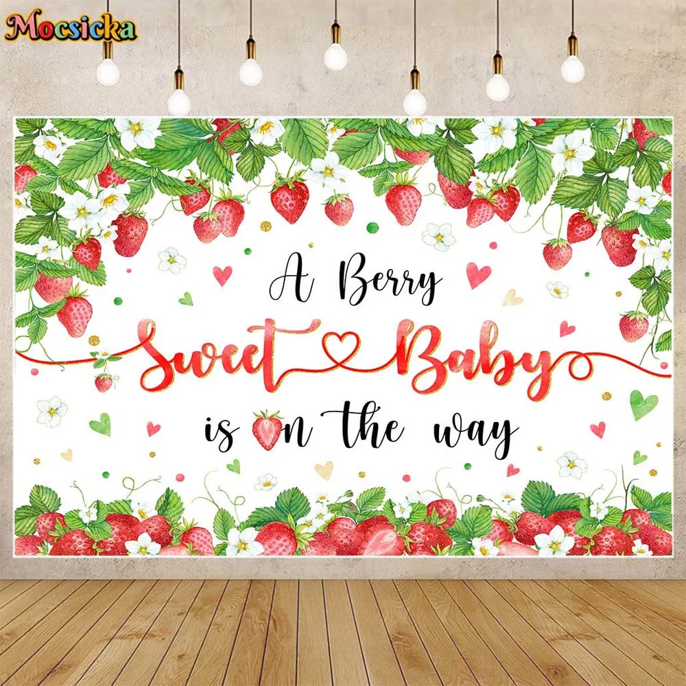 

Mocsicka Strawberry Baby Shower Backdrop Green Leaves Girl Welcome Party Decor A Berry Sweet Baby Is On The Way Photo Background
