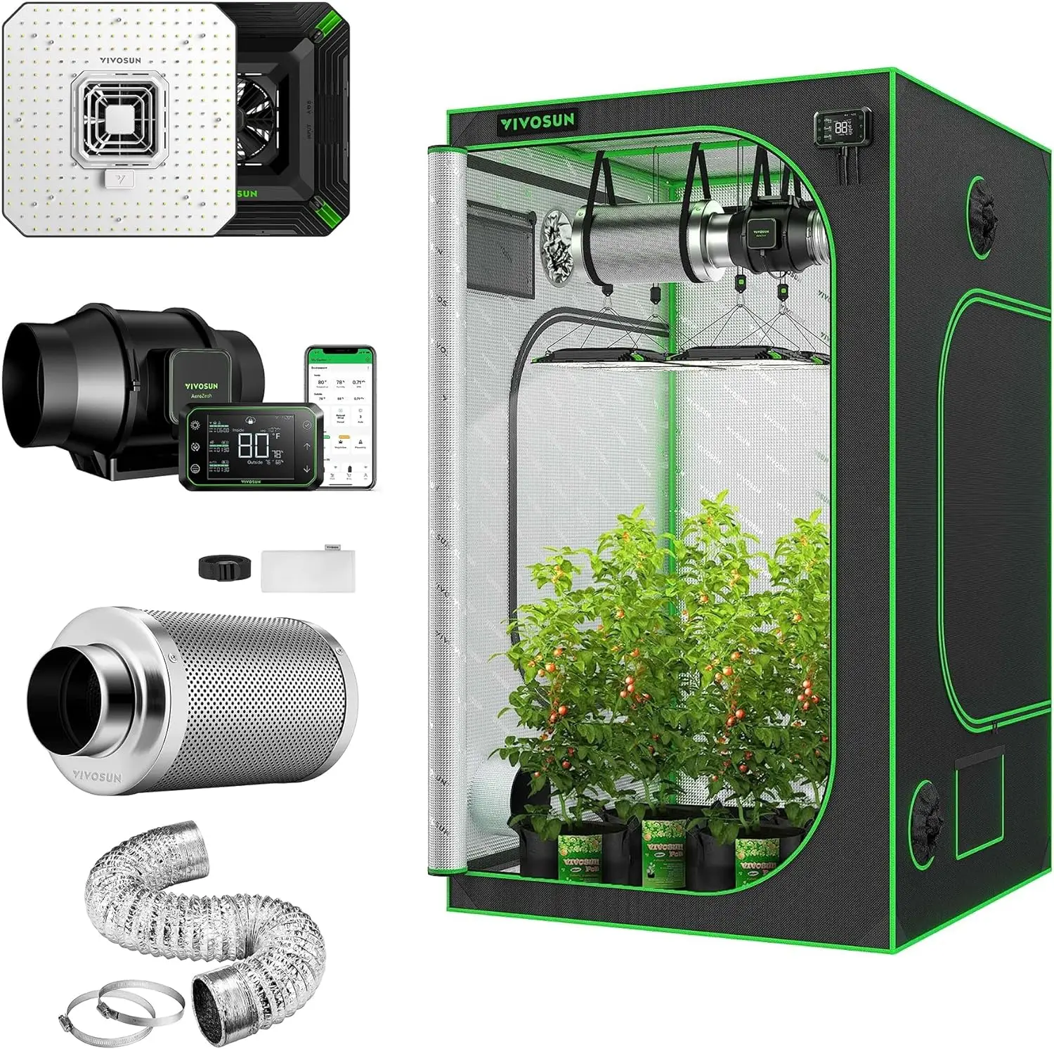 4x4 Grow Tent Smart Kit AeroZesh S6 Inline Duct Fan AeroLight 100W LED Grow Light 6 Inch Air Carbon Filter