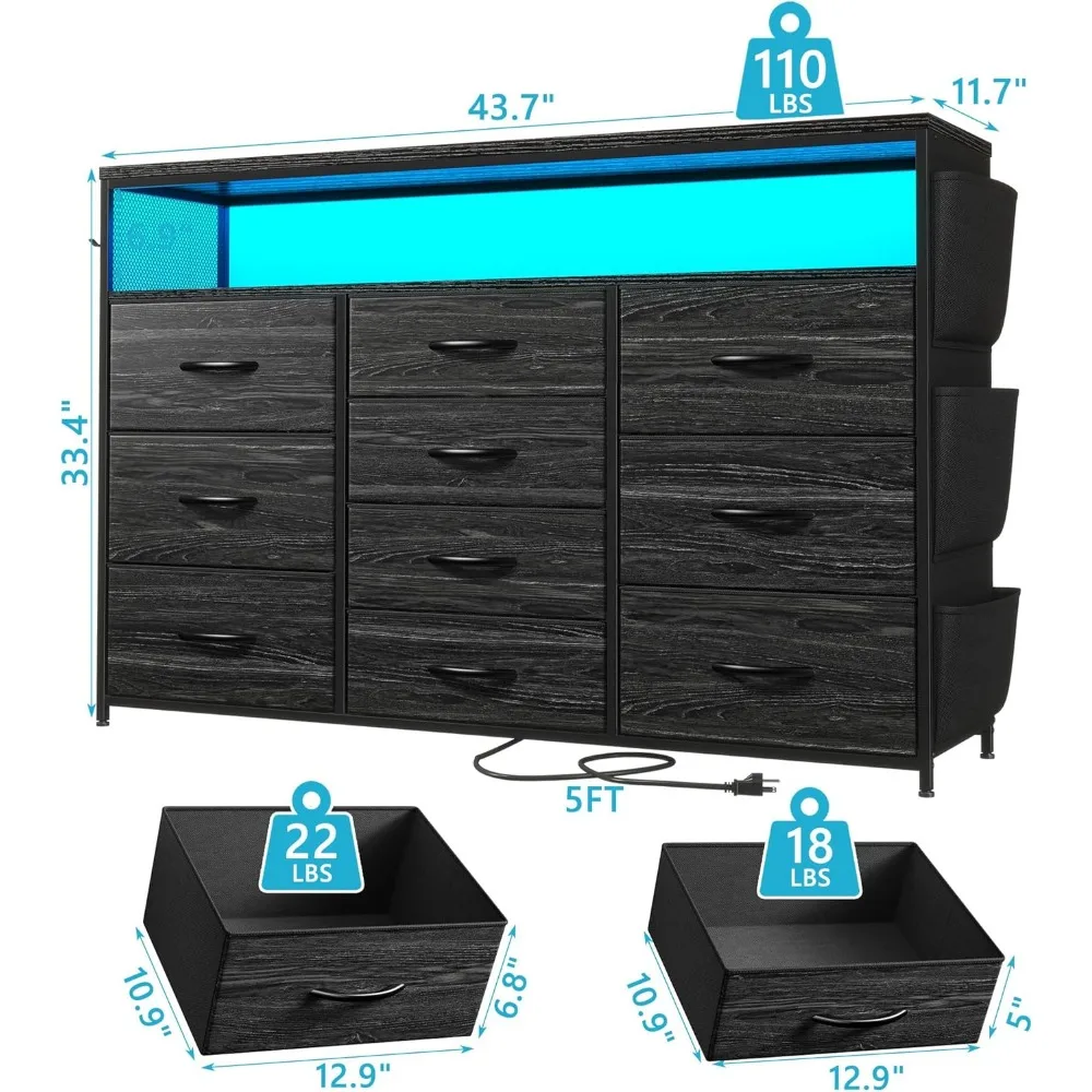 10 Drawer Dresser for Bedroom with Wood Open Shelves，55" TV Stand for Bedroom with Power Outlets and LED Lights，Fabric Dressers 3