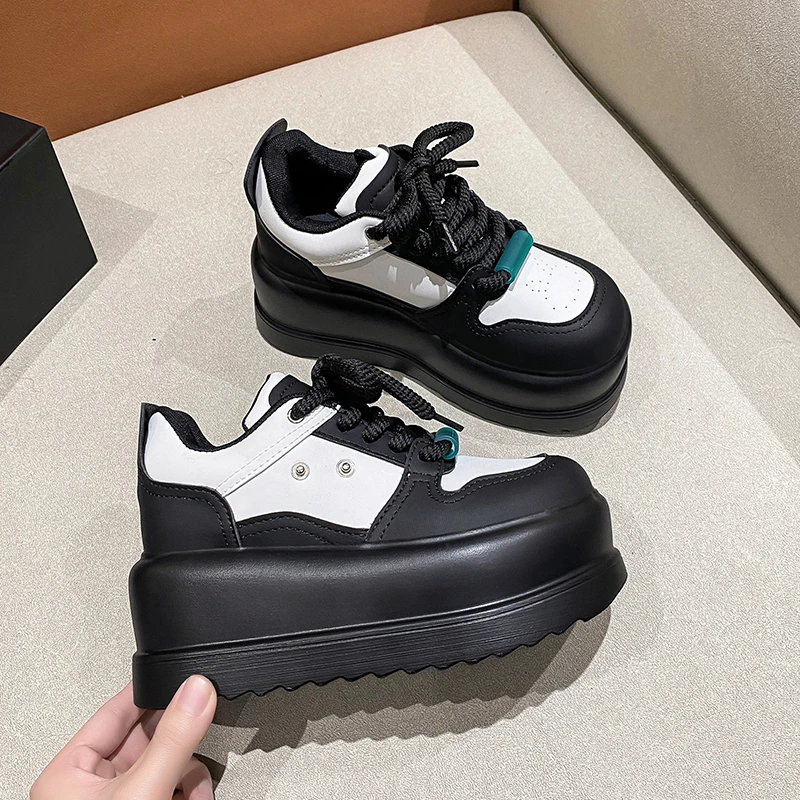 Women Leather Chunky Sneakers New Autumn High Platform Casual Shoes Lace-up Dad Sport Shoes Woman 8CM Wedge Vulcanized Dad Shoes