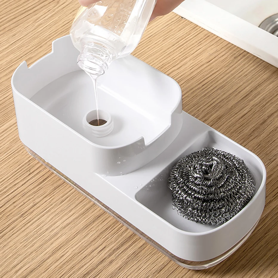 Kitchen Sink Dish Soap Pump Dispenser Countertop Liquid Hand Soap Dispenser whit Sponge Holder Steel Pad Storage Press-Type