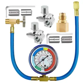 Kit di ricarica AC per auto, set di ricarica refrigerante per climatizzatore veicolare con tubo, manometro e rubinetto per auto, veicoli commerciali e uso domestico