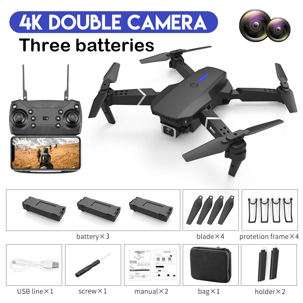 E88 Rc Mini Drone 4k Professional Hd Dual Camera Live Transmission Camera Wifi Fpv Mini Folding Quadcopter Toy Bo flying camera Camera Drones