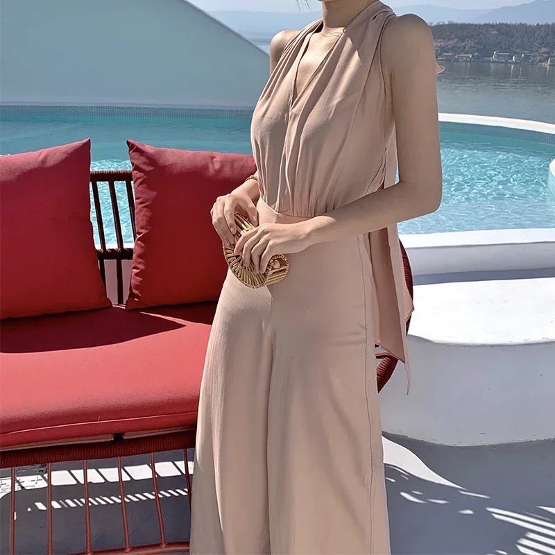 Summer Elegant Lady Backless Bandage Jumpsuit Women's Elegant V-Neck Halter Wide Leg Jumpsuit Female Overalls One Piece Outfit