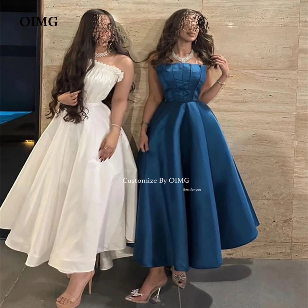 

OIMG Simple Satin Short Sleeveless Evening Dresses A Line Tea Length Prom Bride Gowns Formal Party Dress Gown Custom Made