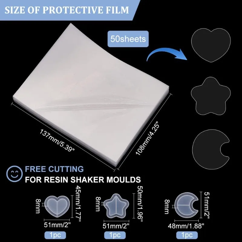 50 Sheets Thin Resin Shaker Film with 3Pcs Silicone Shaker Molds Plastic Sealing Protective Films Quicksand Mold & Films