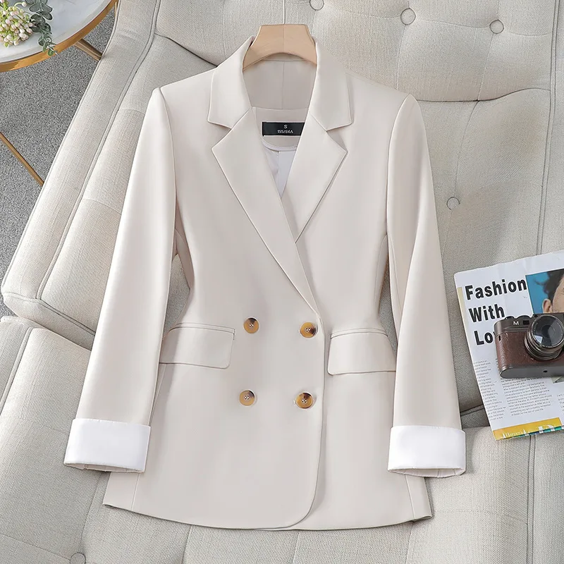 ZJYT Double Breasted Blazer for Women Spring Autumn Jackets Coats Long Sleeve Turn Down Collar Outerwear Office Work Veste Femme