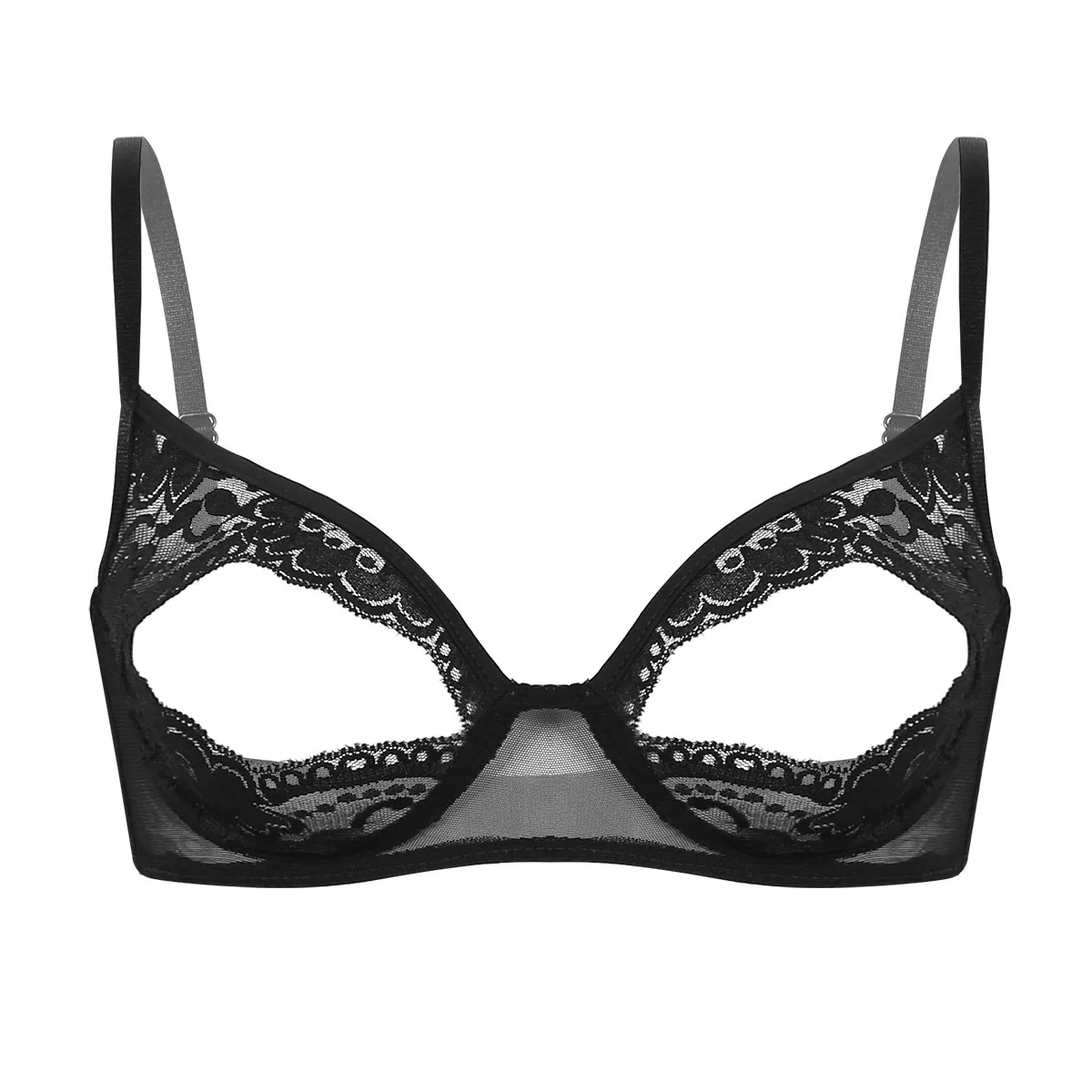 Women Lingerie Sheer Open Chest Bra Tops Lace Floral Open Breast Cup Exposed Nipple Split Bralette