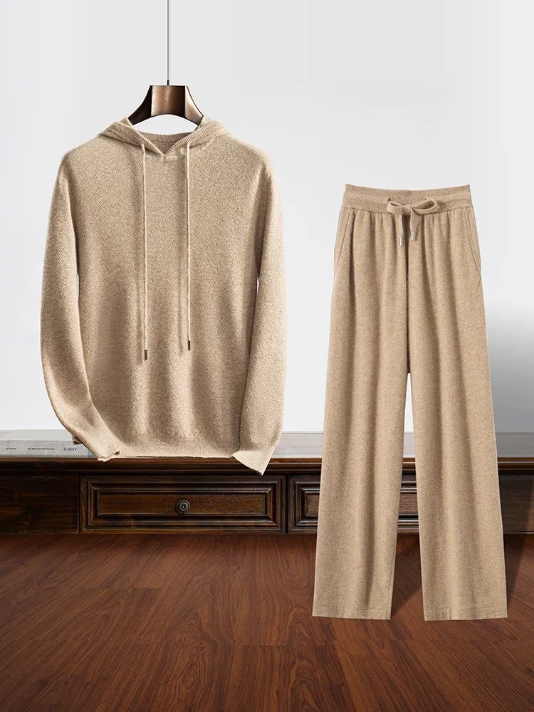 Men 100% Cashmere Sweater Pants Suit Hooded Pullover Straight Trousers Autumn Winter Casual Style Cashmere Knitted Clothing 2