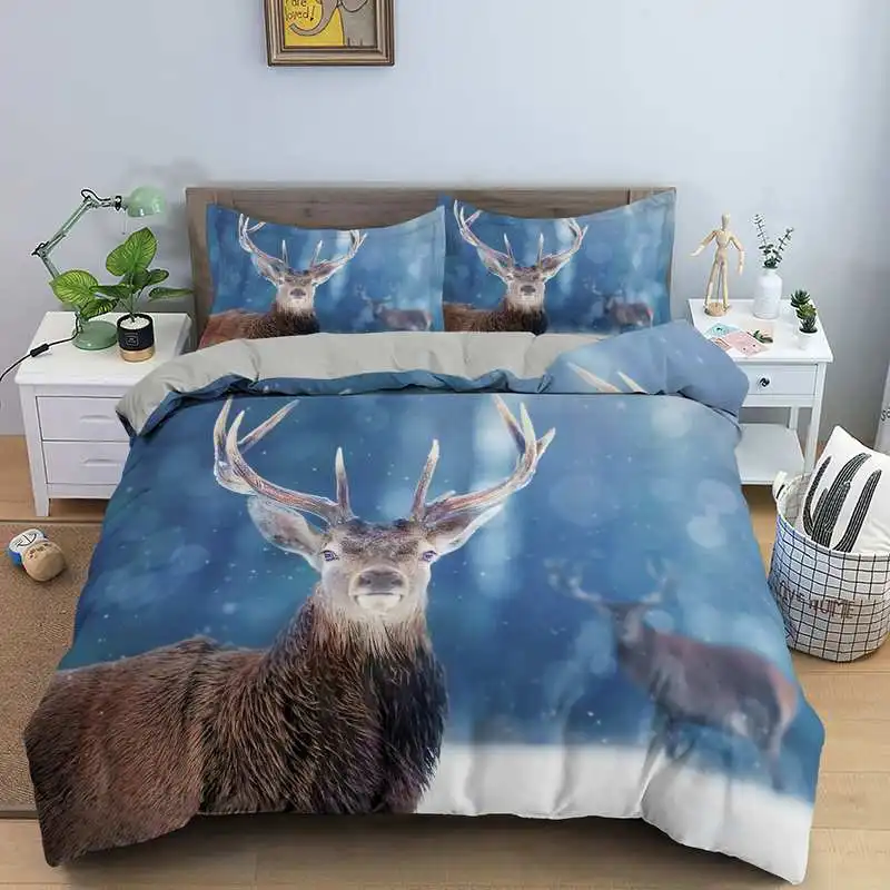 

Christmas Deer King Queen Duvet Cover Animal Elk Bedding Set 2/3pcs for Kids Teens Adults Blue Soft Quilt Cover with Pillowcase