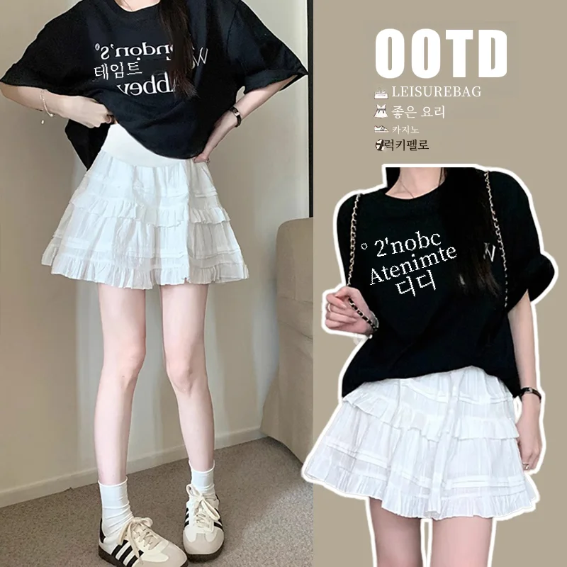 임산부 여름 티셔츠 레이스 Drawstring 미니 드레스 2 피스 세트 세련된 몸집이 작은 A 라인 케이크 스커트