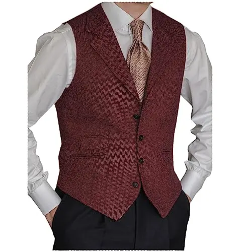 

Henringbone Burgundy Men Vest Army Green Classic Suit Vest Notch Lapel Slim Formal For Wedding Groomsmen Banquet Waistcoat