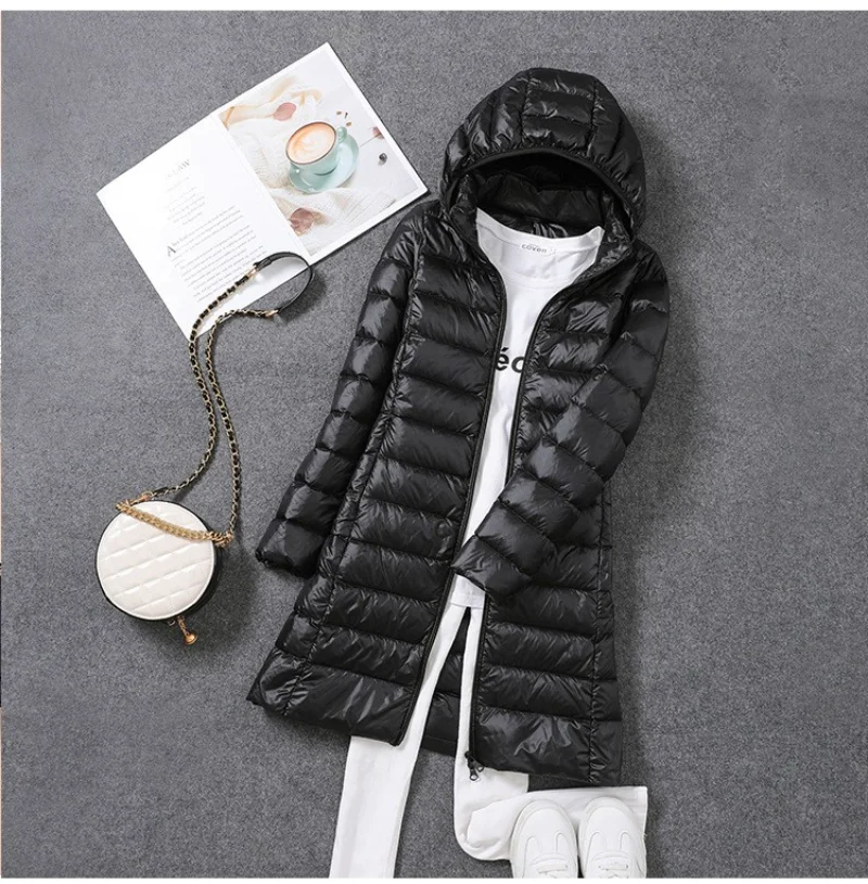 Women's Long Puffer Jackets New Winter 90% White Duck Down Warm Hat Detachable Female Ultra Lightweight Packable Down Coats images - 6