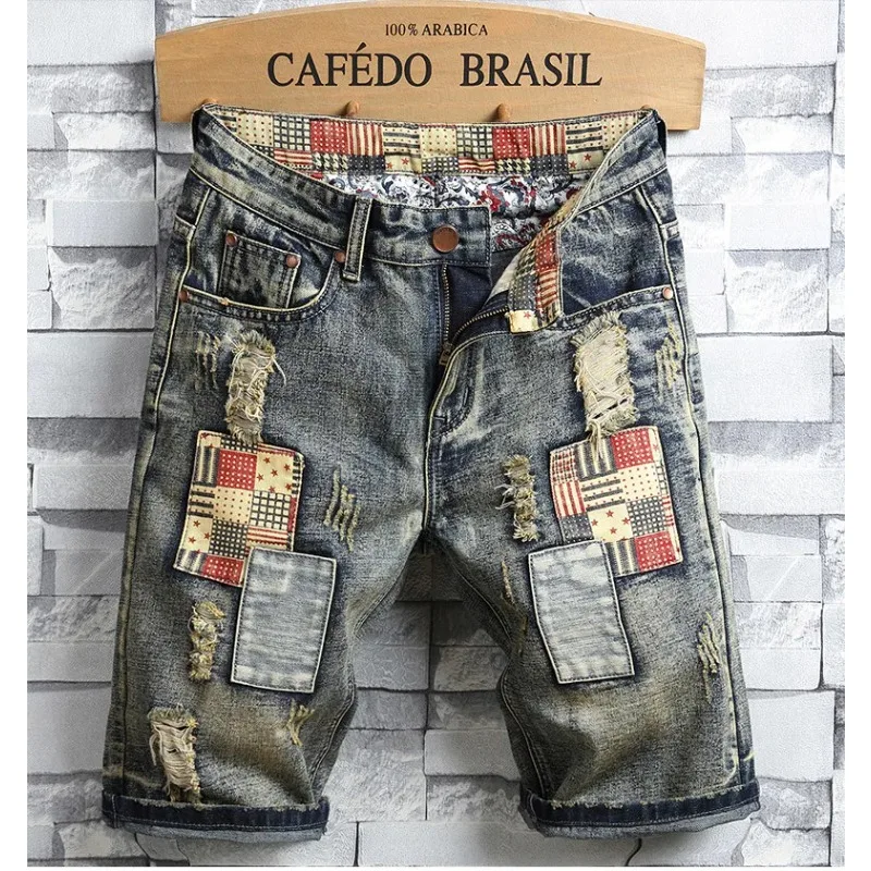 High Quality Men's Summer Holes Denim Shorts Jeans Men Straight Retro Shorts Jeans Men Knee Length Cowboy Size 40
