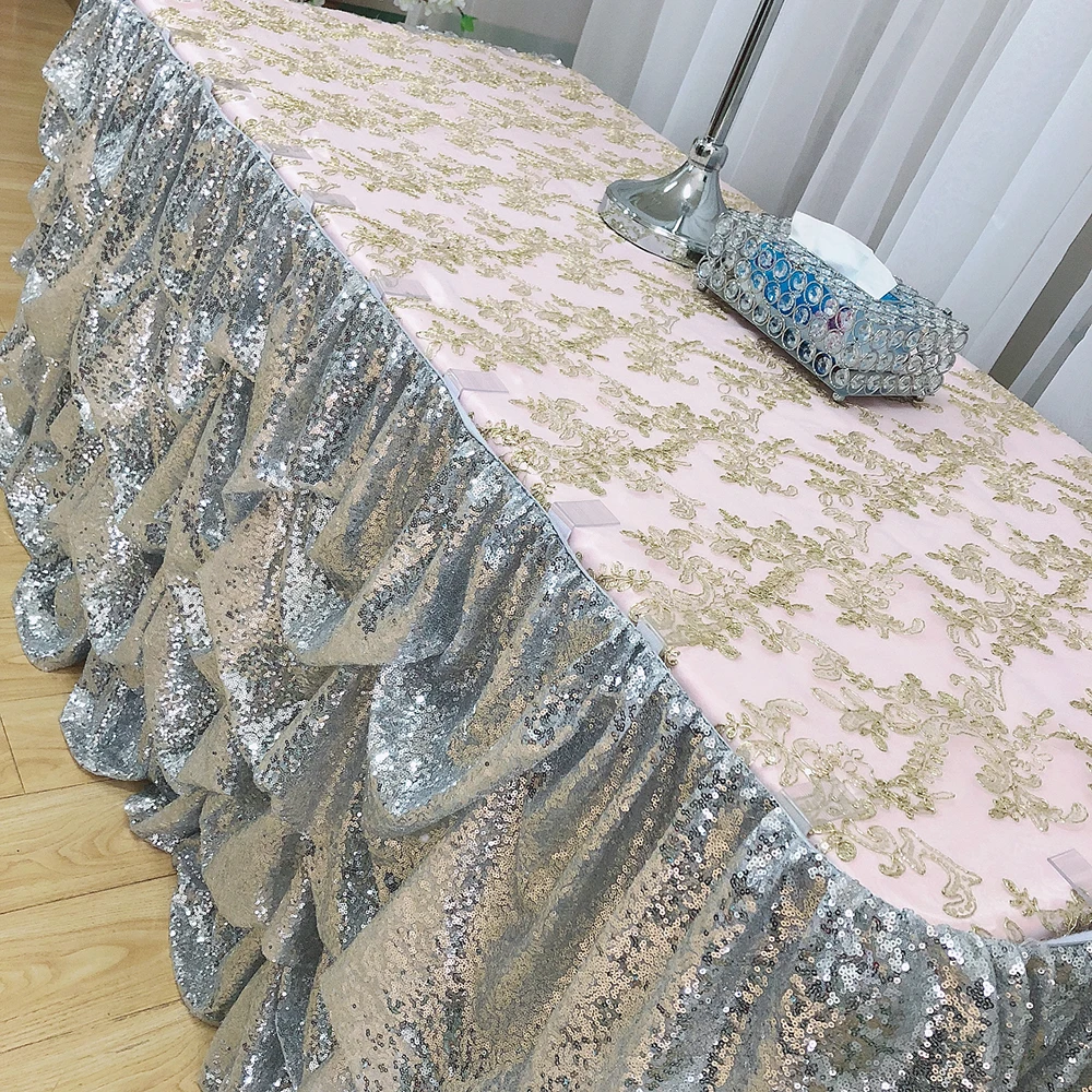 August 2 Piece /lot L * 30 Inch H Silver Shiny Sequin Table Skirt For Wedding Decoration