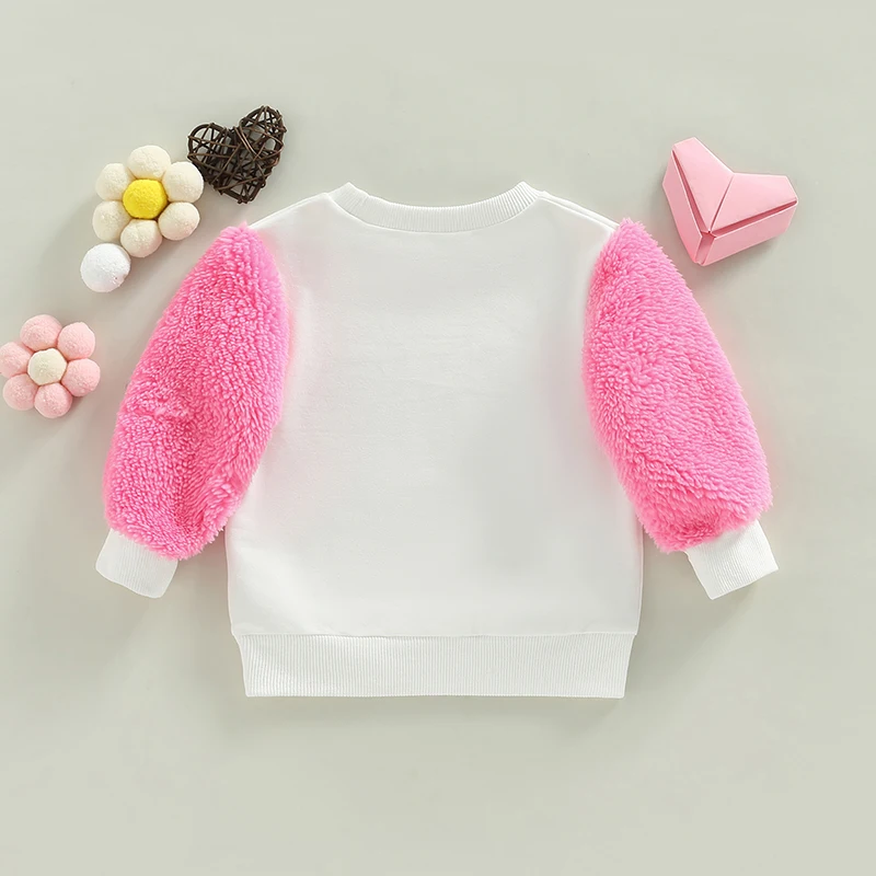 FOCUSNORM 0-24M Toddler Baby Girls Sweatshirt T Shirts For Valentine's Day Letter Fur Patchwork Long Sleeve Pullover T-shirt