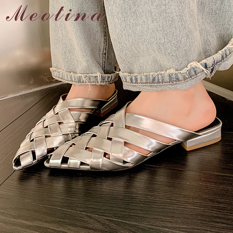 

Meotina Women Genuine Leather Mules Round Toe Thick Mid Heels Sandals Concise Design Slippers Ladies Casual Shoes Summer Gold 40