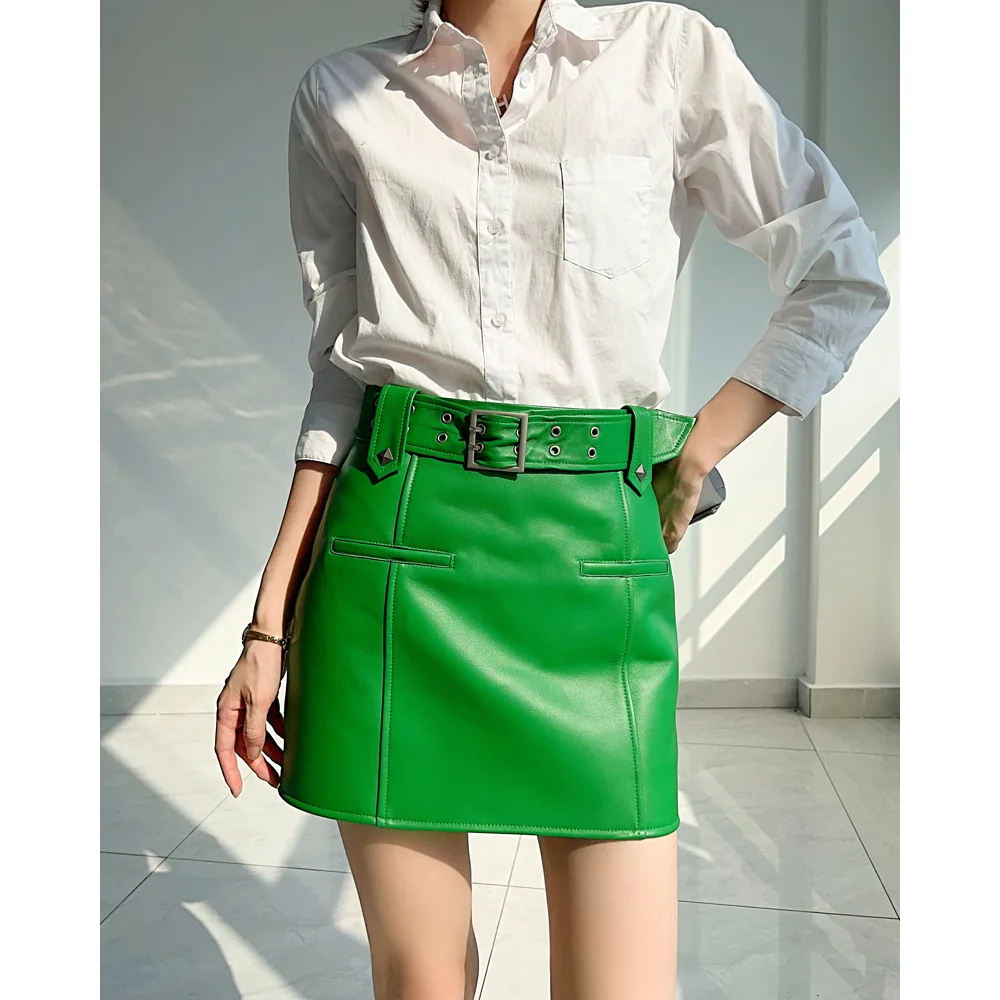 

Genuine Leather Skirt, Spring New Sheepskin, A-Line Motorcycle Short Skirt, Spicy Girl Belt, Slim Fit Bag, Buttocks, Genuine Lea