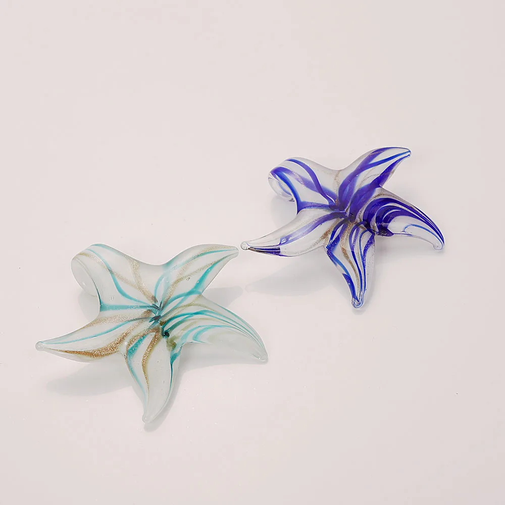 QianBei Großhandel 6 Stück handgefertigte Murano-Lampwork-Glasmischung, Farbe, retikuläre Seestern-Anhänger, passende Halskette – Detail 7