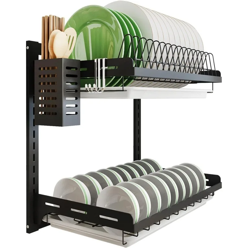 Kitchen Dish Rack,Hanging Silverware Dish Drying Rack Organizer Storage Shelf Over The Sink,2 Tier Wall Mount Bowl Holder