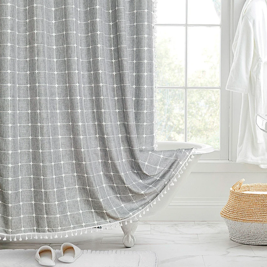 Jacquard Linen Shower Curtain with Tassels Nordic Waterproof Thick Bath Curtain for Bathroom Bathtub with Hooks