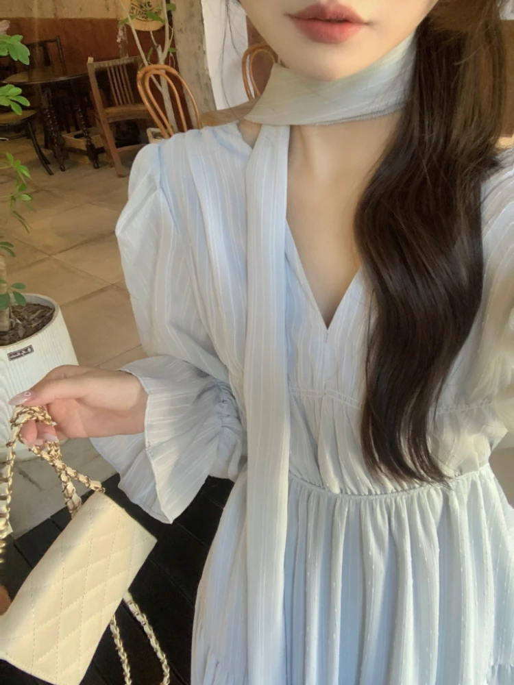 Elegant Autumn Midi Dresses for Women V-neck Flare Sleeves A-line Solid Korean Fashion Casual French Vintage Vestidos Mujer New