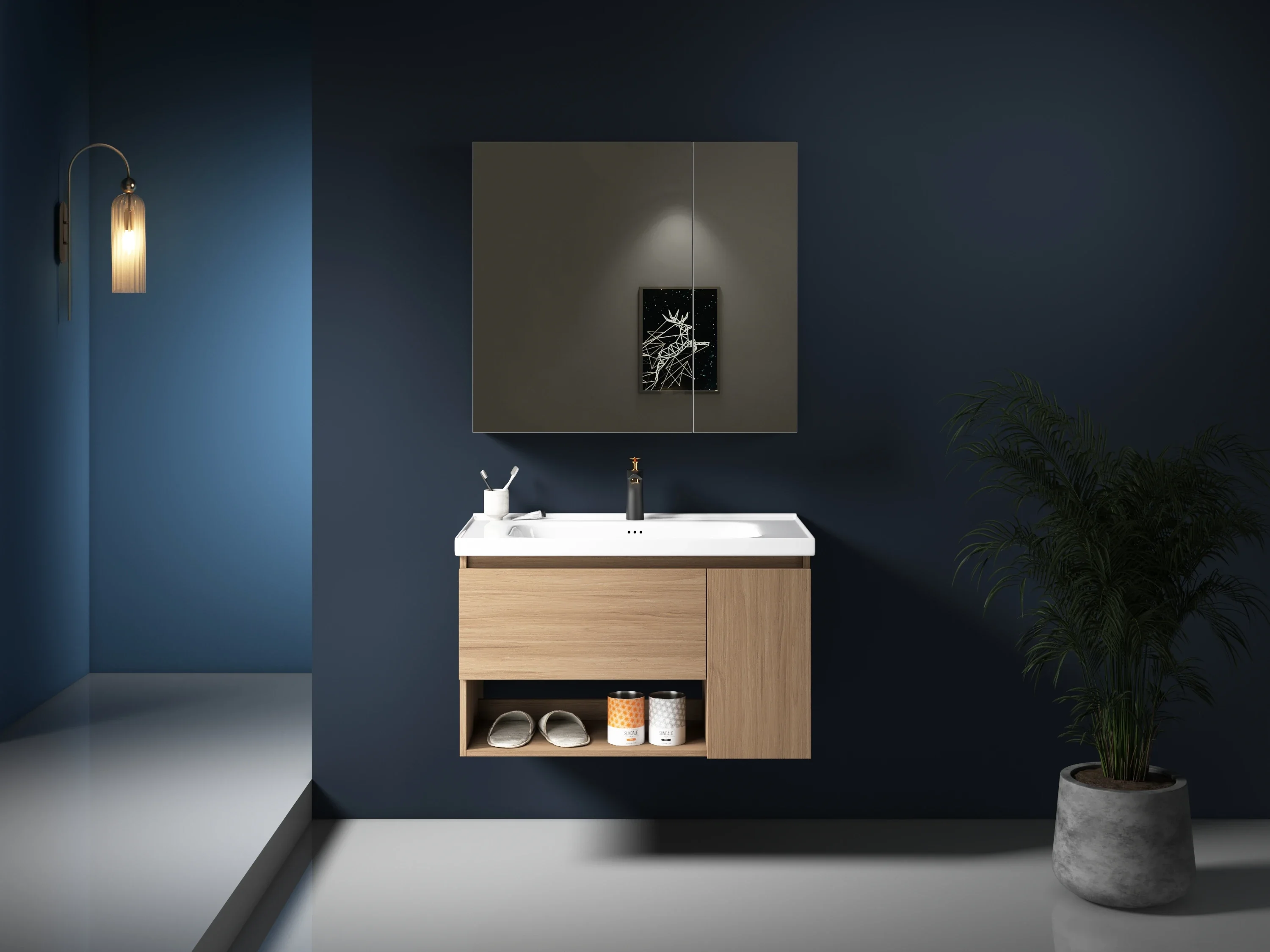 Modern Wall Mounted Plywood Bathroom Vanity Set Mirror Cabinets With Sink For Hotel And Apartment Bathroom Cabinet
