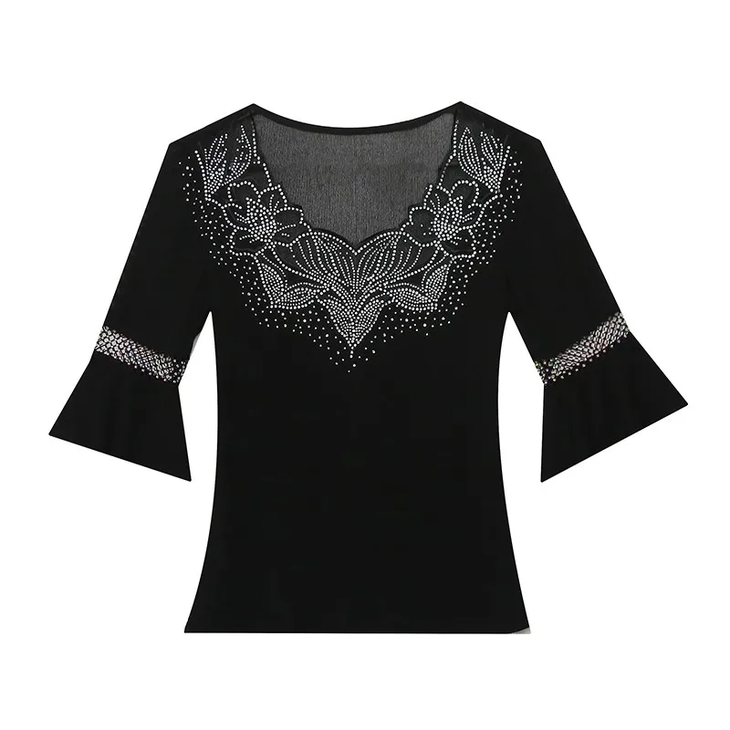 Summer T-irt Women's V-ne Lace Splice ort Sve Glittering Diamond Faionable Me Top Korean Sle Commute Wind