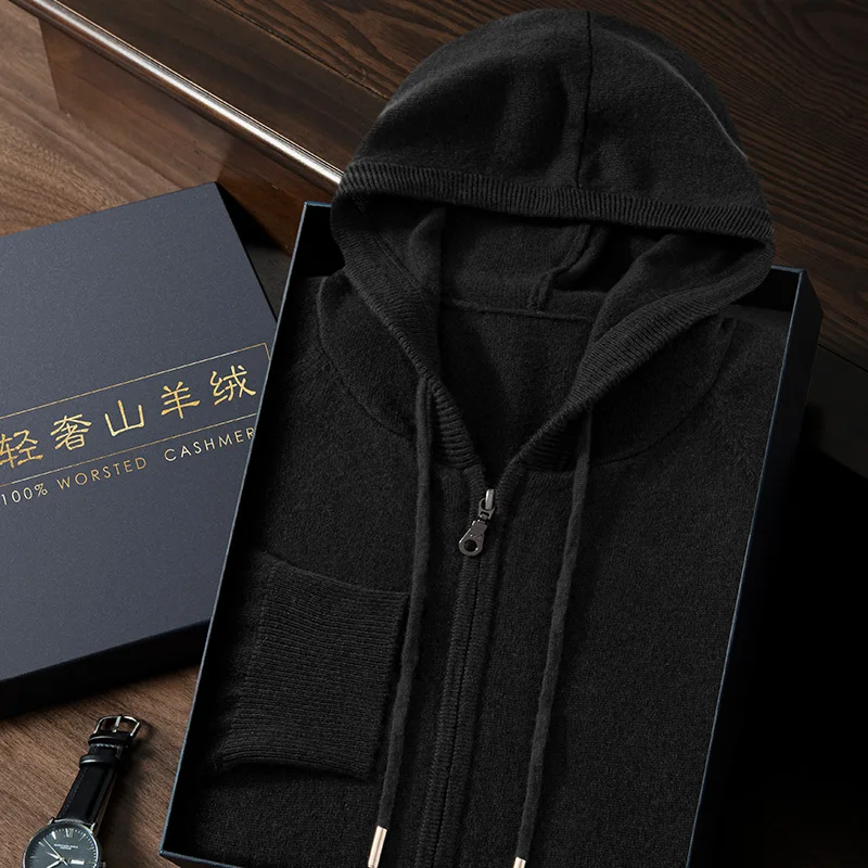New product: 100% cashmere knitted cardigan for men, hooded sweater, casual high-end jacket, men's long sleeved cashmere sweater 2