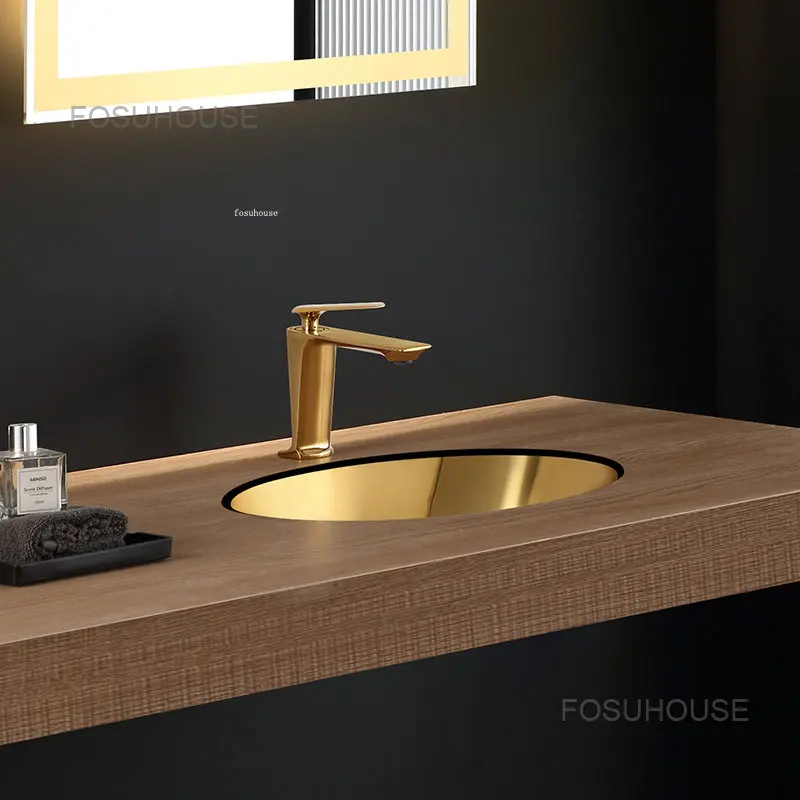 Oval Stainless Steel Bathroom Sinks Bathroom fixtures Golden Wash Basin Under Stage Single Basin Embedded Black Kitchen Sink