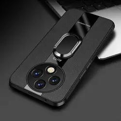 Luxury Leather Ring Magnetic Shockproof Bumper Case - Racing Style Cover for Redmi 14C (Black)