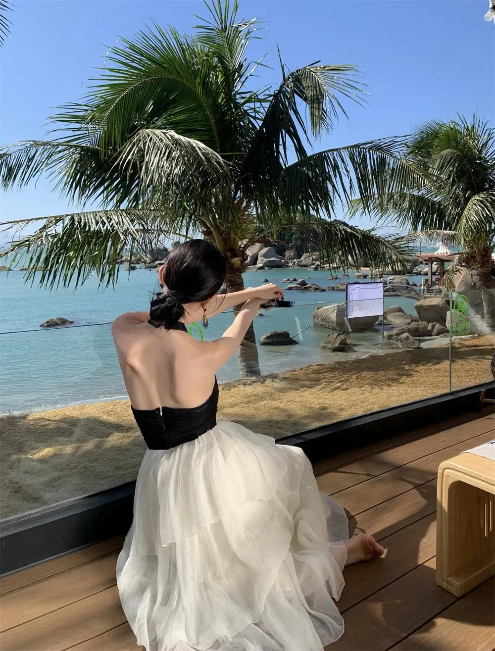 Elegant Patchwork Ruffles Cake Dresses for Women Halter Sleeveless Backless Evening Party Dress Prom A-line One Piece Vestido