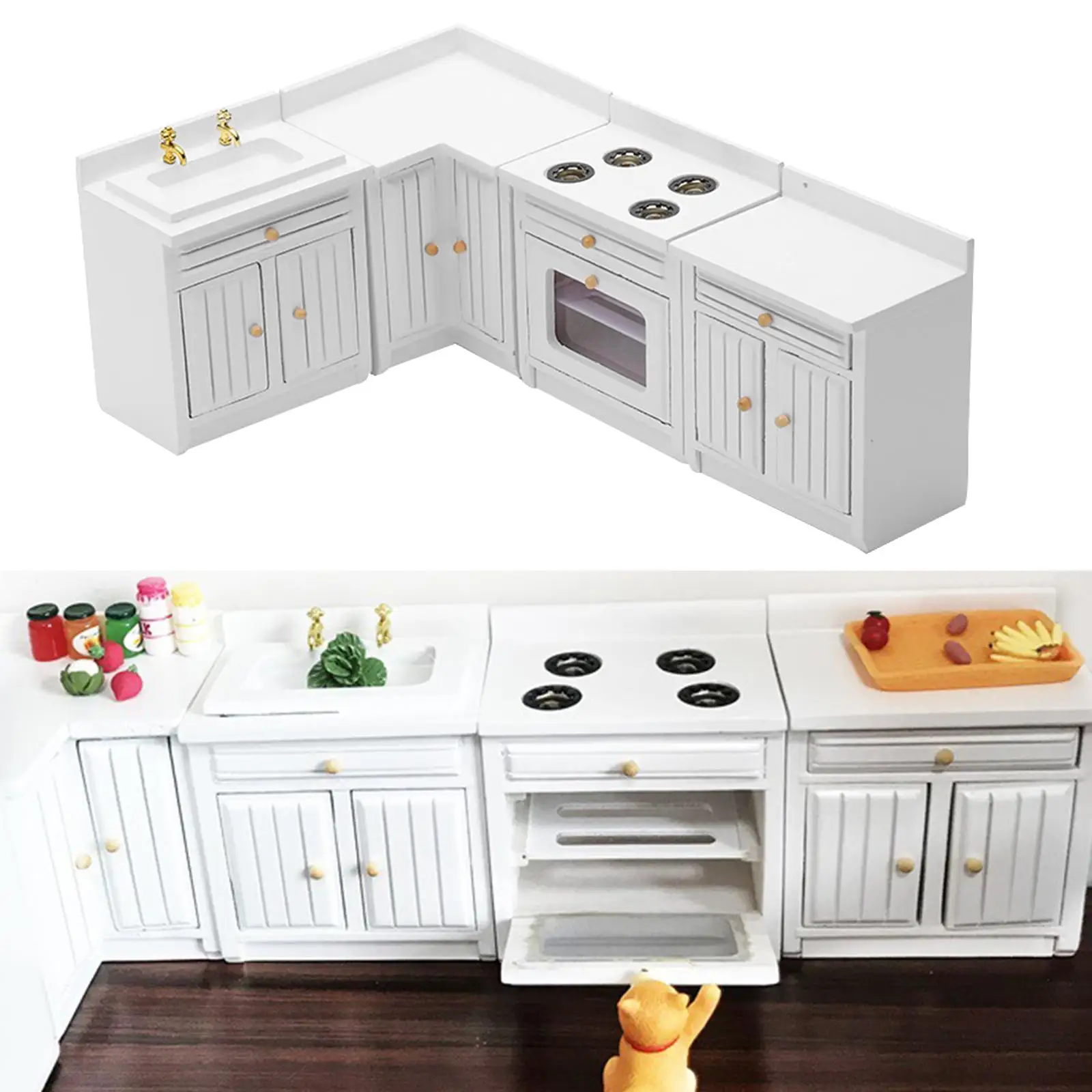 1/12 Dollhouse Miniature Kitchen Set Cooking Cabinet, Mini Corner Cabinet, Sink,