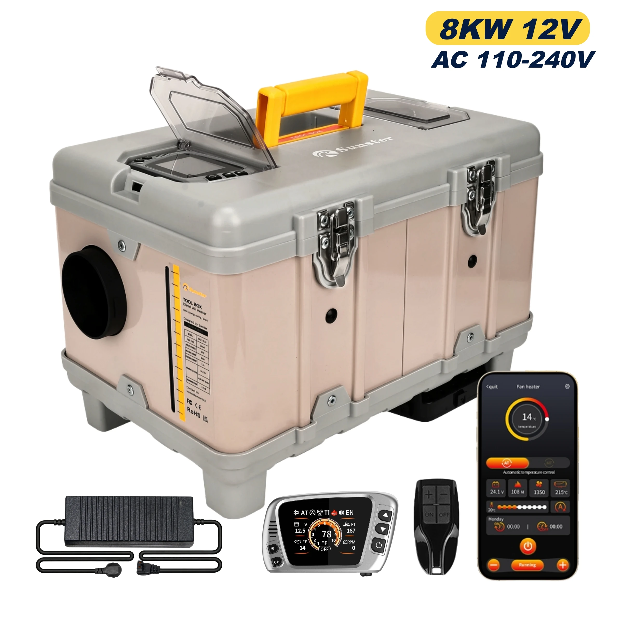 8KW 12V/220V Portable Diesel Air Heater w/ Self-Cleaning & Bluetooth APP High Altitude Mode Car Diesel Heater for RV Truck Van