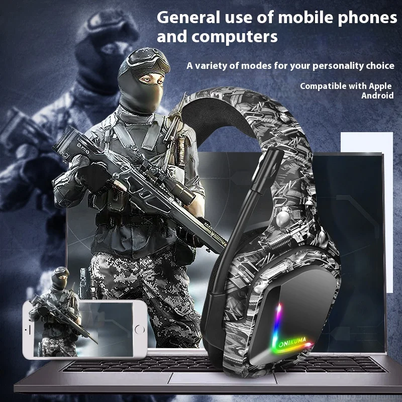 Onikuma K20 Camouflage Earphones Head Mounted Wired Desktop Laptop Esports Gaming Earphones Stereoscopic Sound Effects Boys Gift